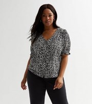 New Look Curves Black Floral Doodle Print Puff Sleeve Blouse